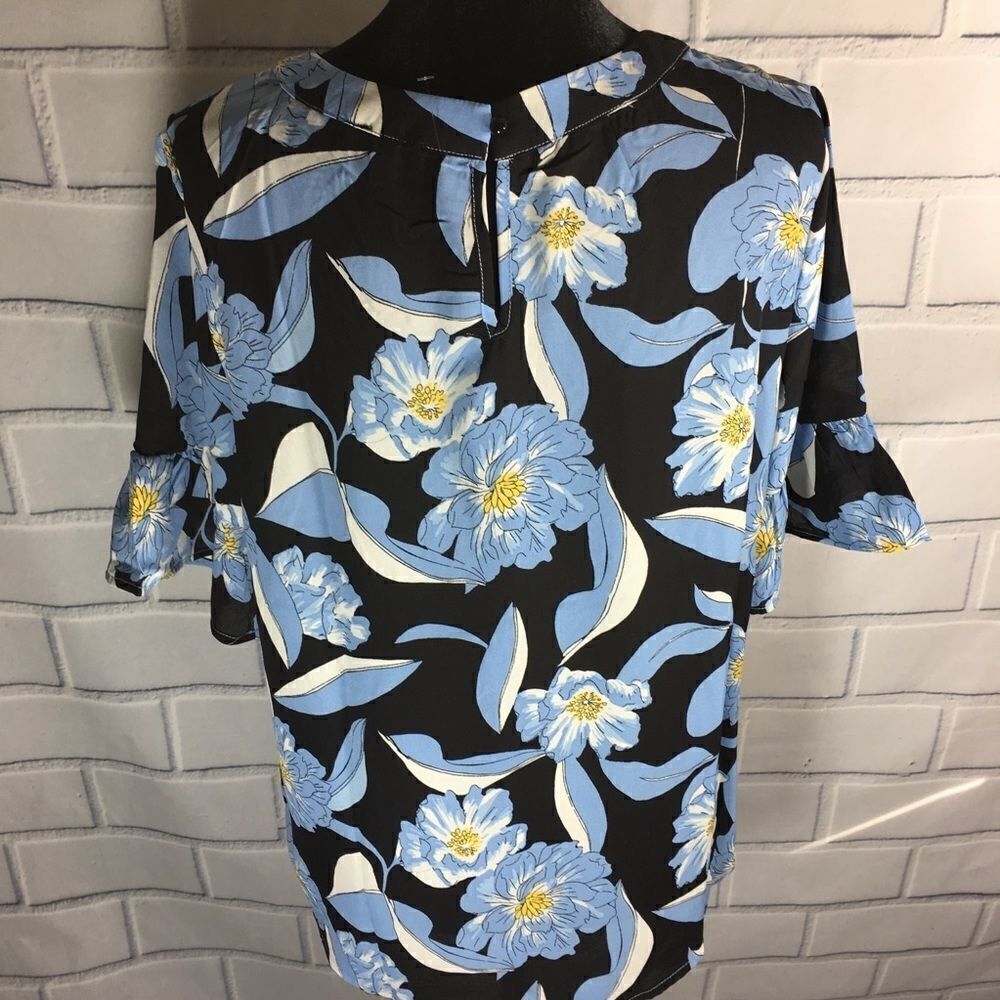 As U Wish Black Blue Floral Top Ruffle Blouse SZ L - Picture 5 of 8